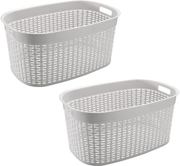 Hega hogar Rotan line wasmand - 2x - ivoor wit - inhoud 44 liter - kunststof - 58 x 39 x 27 cm - Wasmanden