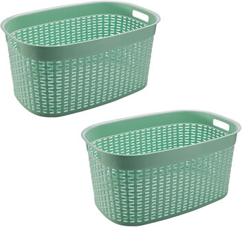 Hega hogar Rotan line wasmand - 2x - mintgroen - inhoud 44 liter - kunststof - 58 x 39 x 27 cm - Wasmanden