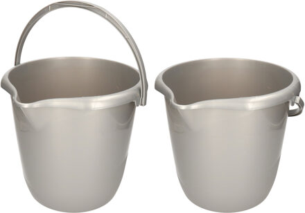 Hega hogar Schoonmaak/huishoud emmer - Set van 2x stuks - zilvergrijs - 10 liter - Dia 28 cm en Hoogte 26 cm
