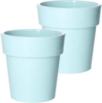 Hega hogar Set van 2x stuks basic plantenpotten/bloempotten kunststof dia 15 cm/hoogte 15 cm pastel groen - Plantenpotten