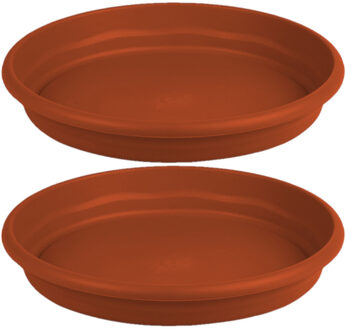 Hega hogar Set van 2x stuks bloempot/plantenpot onderschaal terra cotta kunststof diameter 26 cm - Plantenpotten Bruin