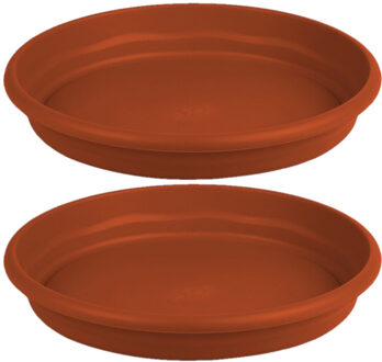 Hega hogar Set van 2x stuks bloempot/plantenpot onderschaal terra cotta kunststof diameter 34 cm - Plantenpotten Bruin