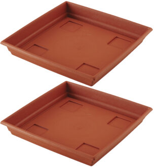 Hega hogar Set van 2x stuks bloempot/plantenpot terra cotta onderschaal/opvangbord kunststof diameter 27 cm - Plantenbakken Bruin