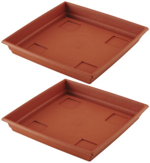 Hega hogar Set van 2x stuks bloempot/plantenpot terra cotta onderschaal/opvangbord kunststof diameter 35 cm - Plantenbakken Bruin