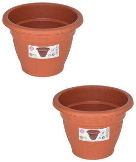 Hega hogar Set van 2x stuks terra cotta kleur ronde plantenpot/bloempot kunststof diameter 14 cm - Plantenpotten Bruin