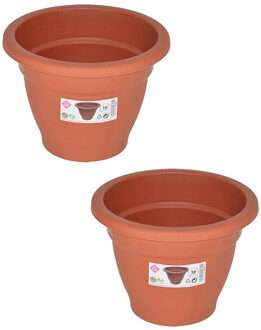 Hega hogar Set van 2x stuks terra cotta kleur ronde plantenpot/bloempot kunststof diameter 16 cm - Plantenpotten Bruin