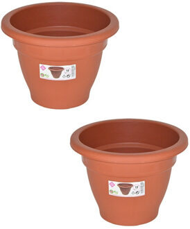 Hega hogar Set van 2x stuks terra cotta kleur ronde plantenpot/bloempot kunststof diameter 18 cm - Plantenpotten Bruin