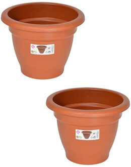 Hega hogar Set van 2x stuks terra cotta kleur ronde plantenpot/bloempot kunststof diameter 20 cm - Plantenpotten Bruin