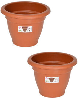 Hega hogar Set van 2x stuks terra cotta kleur ronde plantenpot/bloempot kunststof diameter 20 cm