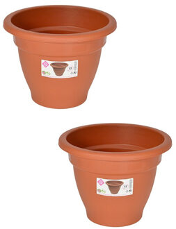 Hega hogar Set van 2x stuks terra cotta kleur ronde plantenpot/bloempot kunststof diameter 22 cm - Plantenpotten Bruin