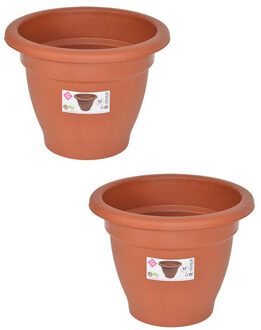 Hega hogar Set van 2x stuks terra cotta kleur ronde plantenpot/bloempot kunststof diameter 25 cm - Plantenpotten Bruin