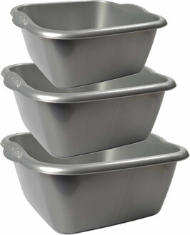 Hega hogar Set van 3x stuks diverse formaten rechthoekige afwasteiltjes/afwasbakken zilver kunststof
