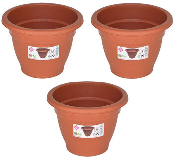 Hega hogar Set van 3x stuks terra cotta kleur ronde plantenpot/bloempot kunststof diameter 14 cm - Plantenbakken/bloembakken voor buiten