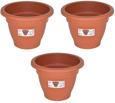 Hega hogar Set van 3x stuks terra cotta kleur ronde plantenpot/bloempot kunststof diameter 18 cm - Plantenbakken/bloembakken voor buiten