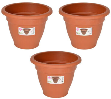 Hega hogar Set van 3x stuks terra cotta kleur ronde plantenpot/bloempot kunststof diameter 22 cm - Plantenbakken/bloembakken voor buiten