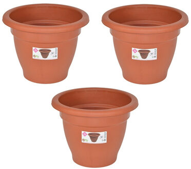 Hega hogar Set van 3x stuks terra cotta kleur ronde plantenpot/bloempot kunststof diameter 25 cm - Plantenbakken/bloembakken voor buiten