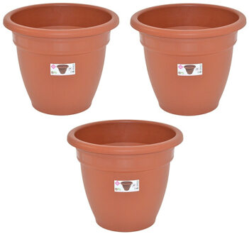 Hega hogar Set van 3x stuks terra cotta kleur ronde plantenpot/bloempot kunststof diameter 35 cm - Plantenbakken/bloembakken voor buiten