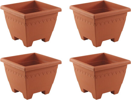 Hega hogar Set van 4x stuks terracotta vierkante plantenpotten/bloempotten Lima 35 cm kunststof - Bloempotten/plantenpotten voor binnen/buiten