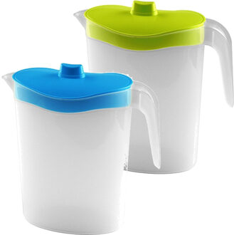 Hega hogar Setje van 2x stuks water/sap/schenk kannen van kunststof in blauw en groen 2.5 liter inhoud