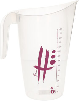 Hega hogar Transparante maatbeker 1400 ml met roze/paars opdruk 13 x 22 cm