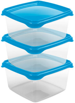 Hega hogar Vershoudbakjes Hega - set van 3x stuks - 1.3 liter - transparant/blauw - L16 x B16 x H11 cm