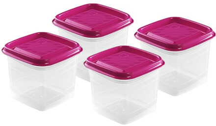 Hega hogar Vershoudbakjes Hega - set van 4x stuks - 0.7 liter - transparant/fuchsia - L11 x B11 x H12 cm