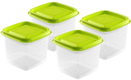 Hega hogar Vershoudbakjes Hega - set van 4x stuks - 0.7 liter - transparant/lime groen - L11 x B11 x H12 cm
