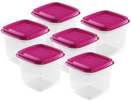 Hega hogar Vershoudbakjes Hega - set van 6x stuks - 0.7 liter - transparant/fuchsia - L11 x B11 x H12 cm