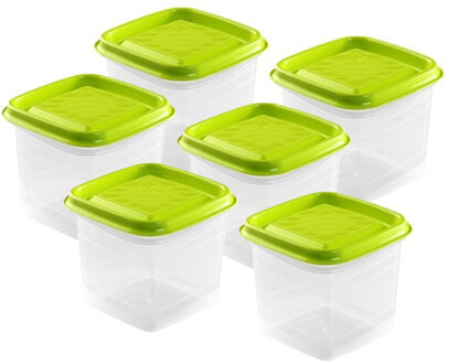 Hega hogar Vershoudbakjes Hega - set van 6x stuks - 0.7 liter - transparant/lime groen - L11 x B11 x H12 cm