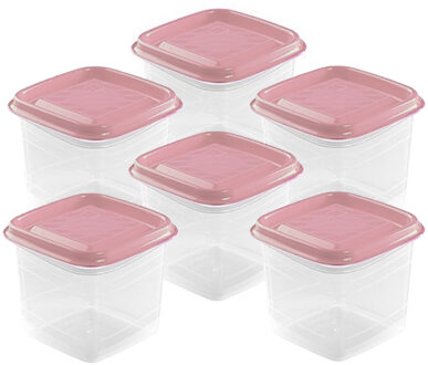 Hega hogar Vershoudbakjes Hega - set van 6x stuks - 0.7 liter - transparant/roze - L11 x B11 x H12 cm
