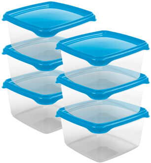 Hega hogar Vershoudbakjes Hega - set van 6x stuks - 1.3 liter - transparant/blauw - L16 x B16 x H11 cm