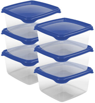 Hega hogar Vershoudbakjes Hega - set van 6x stuks - 1.3 liter - transparant/donkerblauw - L16 x B16 x H11 cm