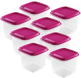 Hega hogar Vershoudbakjes Hega - set van 8x stuks - 0.7 liter - transparant/fuchsia - L11 x B11 x H12 cm