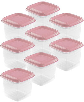 Hega hogar Vershoudbakjes Hega - set van 8x stuks - 0.7 liter - transparant/roze - L11 x B11 x H12 cm