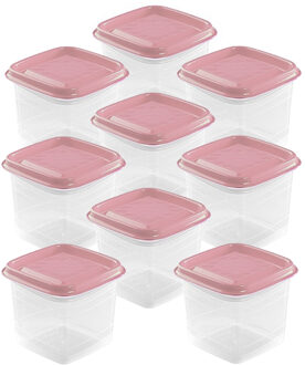 Hega hogar Vershoudbakjes Hega - set van 9x stuks - 0.3 liter - transparant/roze - L8 x B8 x H11 cm