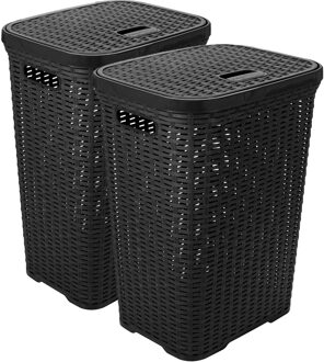 Hega hogar Wasmand met deksel Rotan - 2x - antraciet - gevlochten kunststof - 60 liter - 34 x 43 x 62 cm