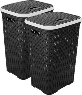 Hega hogar Wasmand met deksel Rotan - 2x - antraciet - gevlochten kunststof - 60 liter - 34 x 43 x 62 cm