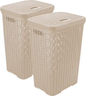 Hega hogar Wasmand met deksel Rotan - 2x - beige - gevlochten kunststof - 60 liter - 34 x 43 x 62 cm