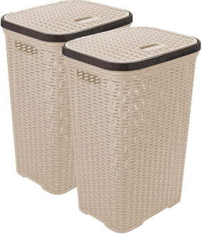 Hega hogar Wasmand met deksel Rotan - 2x - beige - kunststof - 60L - 34 x 43 x 62 cm - Wasmanden