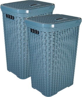 Hega hogar Wasmand met deksel Rotan - 2x - denim blauw - gevlochten kunststof - 60 liter - 34 x 43 x 62 cm