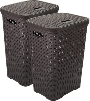 Hega hogar Wasmand met deksel Rotan - 2x - donkerbruin - gevlochten kunststof - 60 liter - 34 x 43 x 62 cm