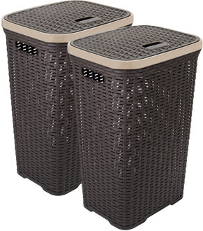 Hega hogar Wasmand met deksel Rotan - 2x - donkerbruin - gevlochten kunststof - 60 liter - 34 x 43 x 62 cm