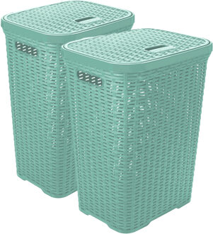 Hega hogar Wasmand met deksel Rotan - 2x - mintgroen - kunststof - 60L - 34 x 43 x 62 cm - Wasmanden