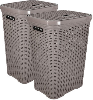 Hega hogar Wasmand met deksel Rotan - 2x - taupe - gevlochten kunststof - 60 liter - 34 x 43 x 62 cm