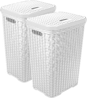 Hega hogar Wasmand met deksel Rotan - 2x - wit - gevlochten kunststof - 60 liter - 34 x 43 x 62 cm