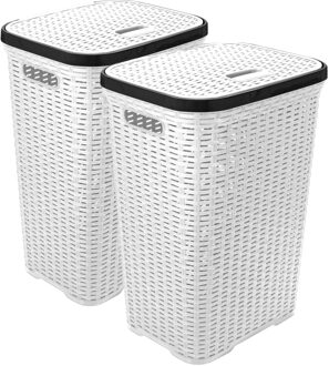 Hega hogar Wasmand met deksel Rotan - 2x - wit - kunststof - 60L - 34 x 43 x 62 cm - Wasmanden