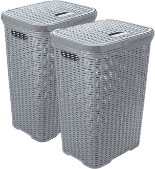 Hega hogar Wasmand met deksel Rotan - 2x - zilvergrijs - gevlochten kunststof - 60 liter - 34 x 43 x 62 cm