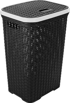 Hega hogar Wasmand met deksel Rotan - antraciet - gevlochten kunststof - 60 liter - 34 x 43 x 62 cm