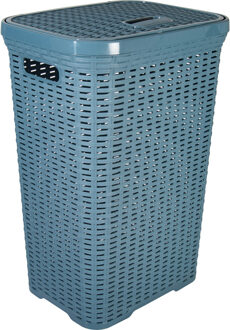 Hega hogar Wasmand met deksel Rotan - denim blauw - gevlochten kunststof - 60 liter - 34 x 43 x 62 cm