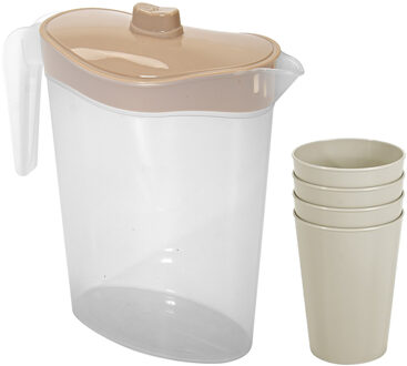 Hega hogar Waterkan/sapkan met deksel beige - 2,5 liter - kunststof - met 4x stuks kunststof glazen 300 ml